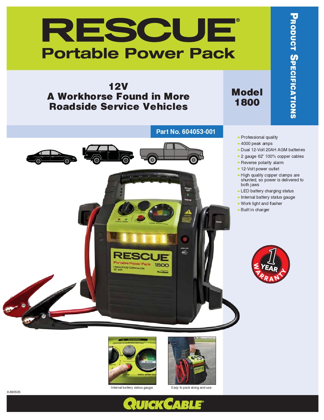 RESCUE® 1800 is typically found in Roadside Service Vehicles. It enables tow trucks and rescue vehicles to jump-start 12 volt vehicle batteries with it's two heavy-duty 20 amp-hour batteries. - Image 2